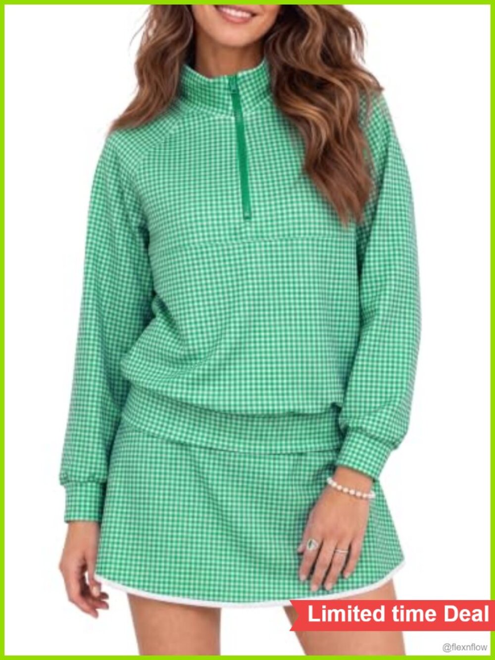 2-Piece Gingham Quarter Zip Sweatshirt & Skort Set